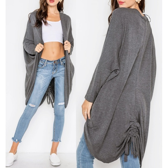 Gray Long Gathered Back Open Circle Hem Cardigan - Picture 3 of 8